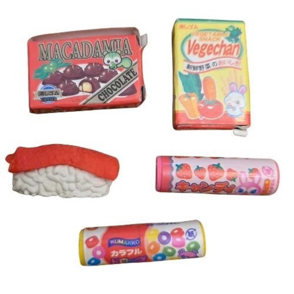 5 pc Kawaii Retro Japanese Novelty Eraser Lot Food Snacks Sushi Macadamia Candy